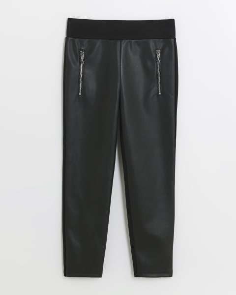 Girls black faux leather zip pocket leggings