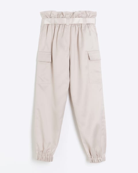 Girls pink satin belted cargo trousers