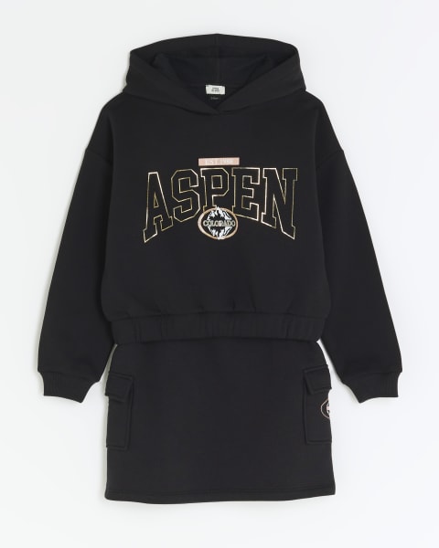 Girls black Aspen hoodie and skirt set