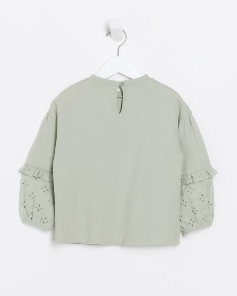 Mini girls green broderie detail blouse