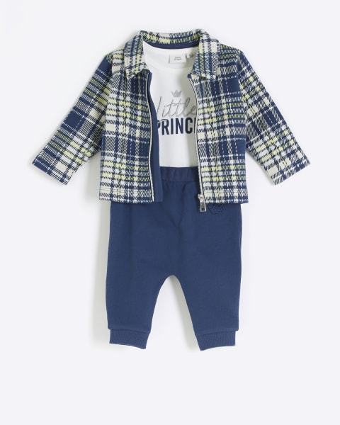 Baby boys navy check shacket 3 piece set
