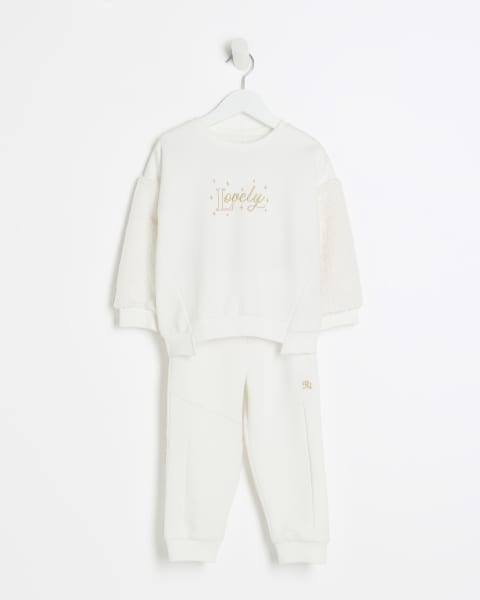 Mini girls cream faux fur sweatshirt set