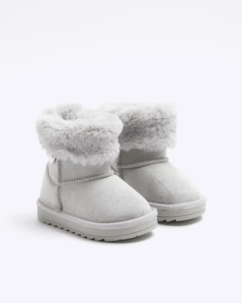 Mini girls grey faux fur lined wedge boots