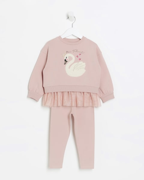 Mini girls pink swan sweatshirt set