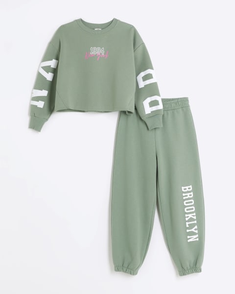 Girls khaki crop sweatshirt and joggers set