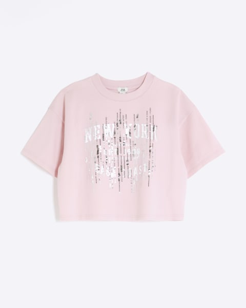 Girls pink sequin crop t-shirt