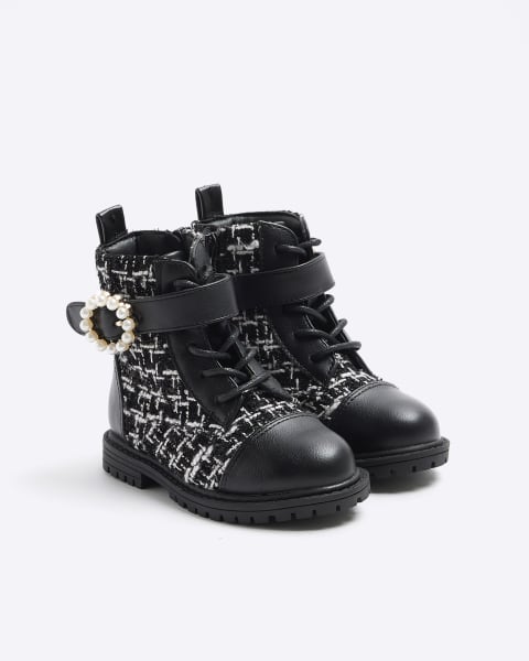 Mini girls black boucle pearl buckle boots