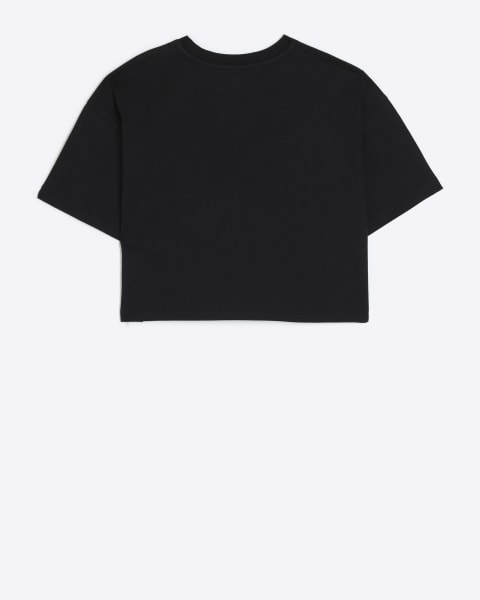 Girls black embellished graphic crop t-shirt