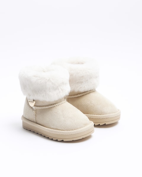 Mini girls beige faux fur lined wedge boots
