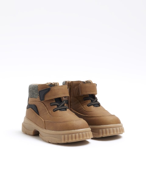 Mini boys brown velcro worker boots