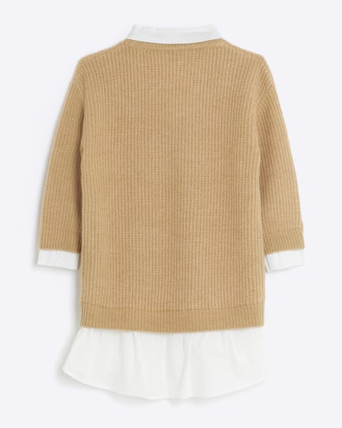 Girls brown knitted hybrid shirt dress