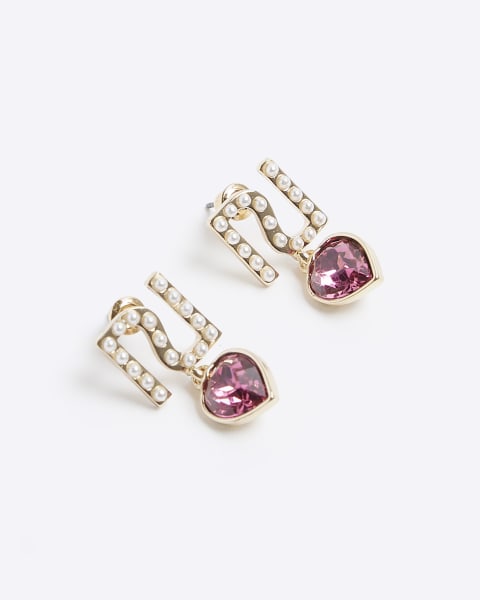 Gold Pink & Red Heart Drop Earrings - 3 Pack