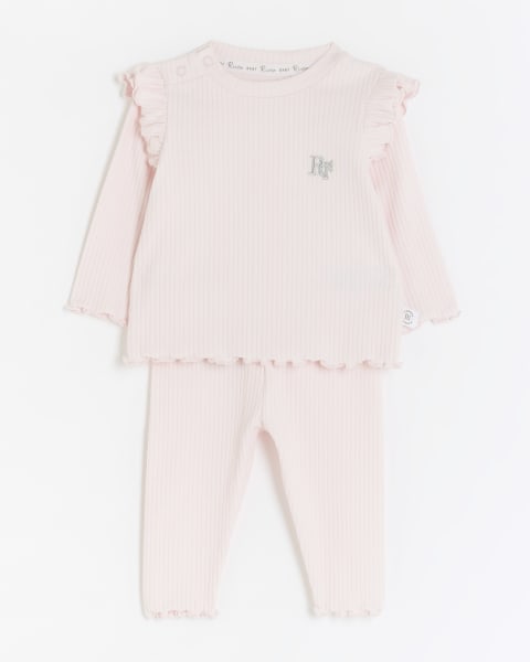 Baby girls Pink Organic Frill Ribbed Outfit