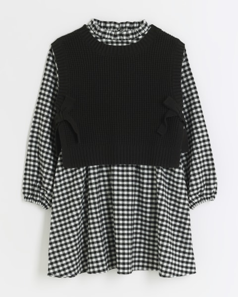 Girls Black Gingham Hybrid Knit Dress Set