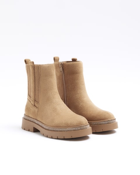 Girls brown suedette diamante boots