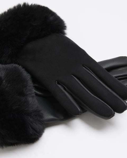 Girls black faux fur trim gloves