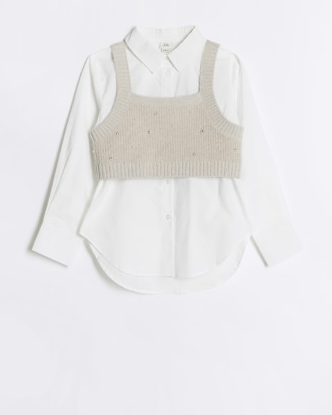 Girls beige hybrid knit top and shirt
