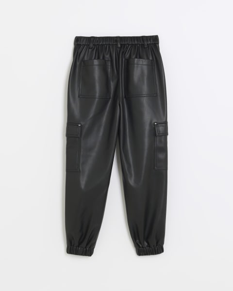 Girls black faux leather cargo trousers