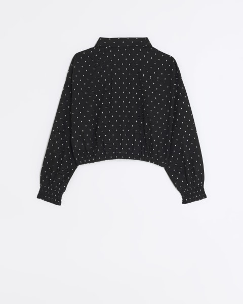 Girls black monogram tie hem blouse