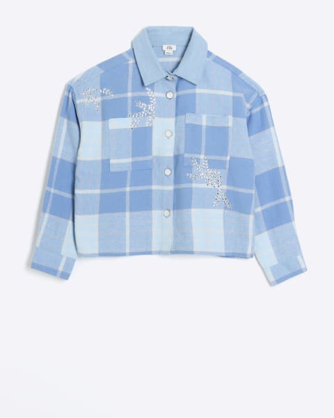 Girls blue embellished check shirt