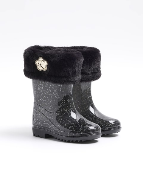 Mini girls black glitter wellie boots