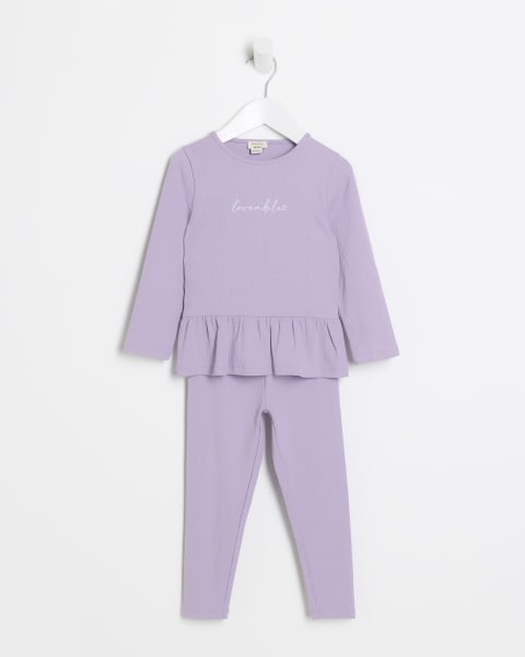 Mini girls purple peplum top and leggings set