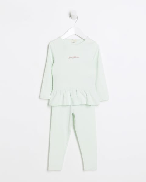 Mini girls green peplum top and leggings set