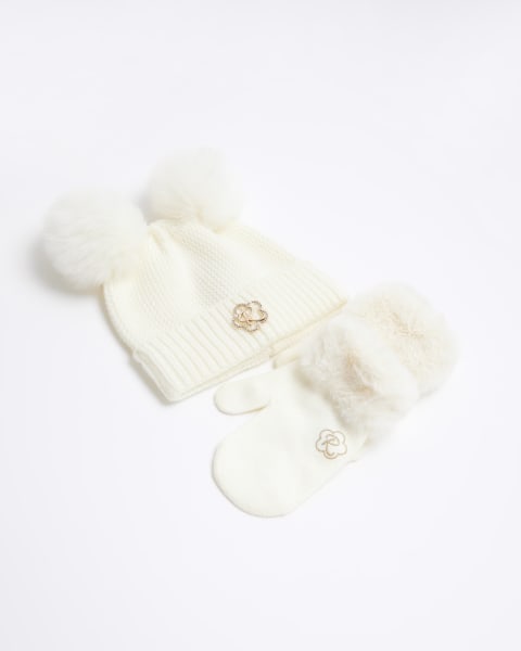 Mini girls cream knitted hat set