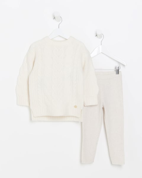 Mini girls beige cable knit jumper set