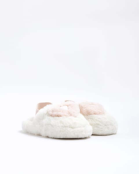 Girls Cream Faux Fur Heart Mule Slippers