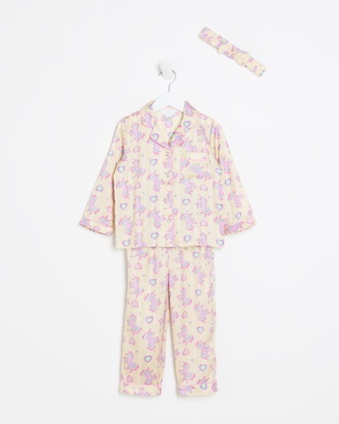 Mini girls Yellow Unicorn Print Satin Pyjamas