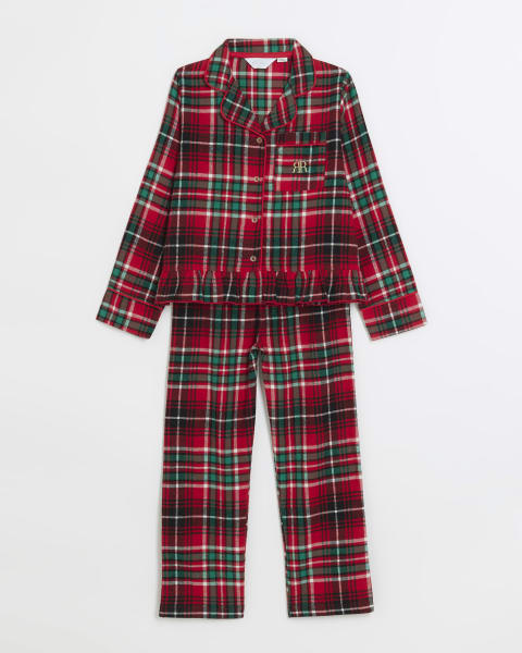 Girls red check frill pyjama set