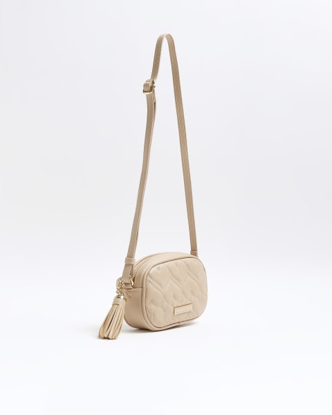 Girls Beige heart quilted cross body bag