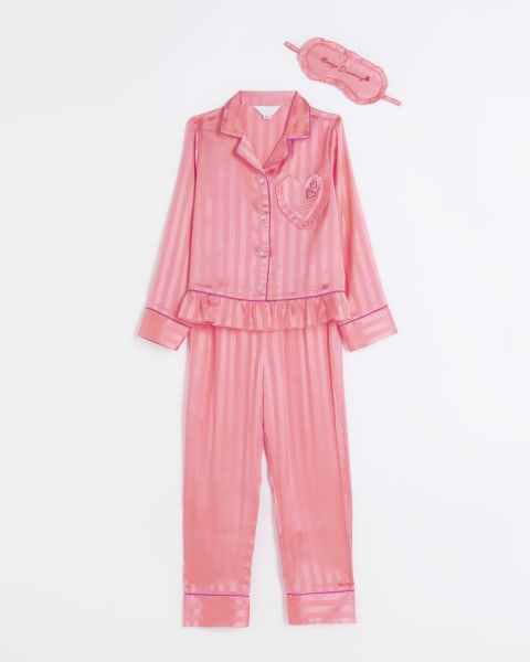 Girls coral stripe peplum satin pyjama set