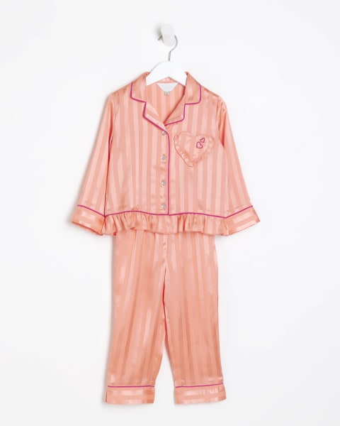 Mini Girls Coral Stripe Satin Pyjama set