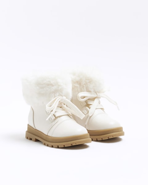Mini girls cream faux fur trim hiker boots