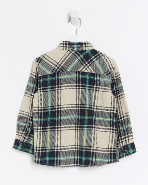 Mini boys ecru check long sleeve shirt