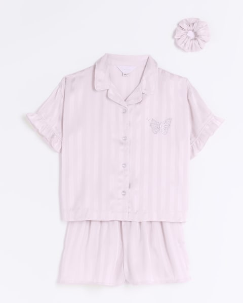 Girls pink satin stripe pyjama set