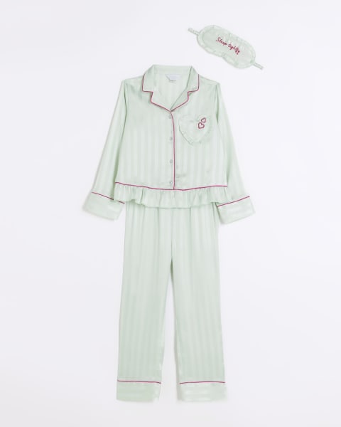 Girls green stripe peplum satin pyjamas