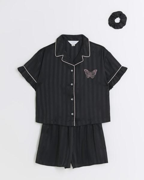 Girls black satin stripe butterfly pyjama set