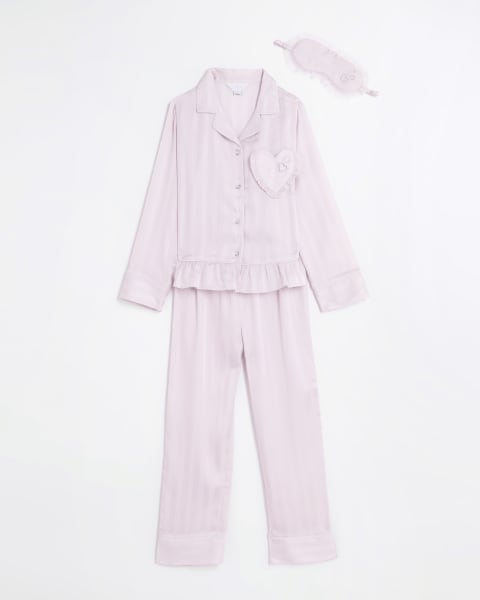 Girls Pink Stripe Peplum Satin Pyjama set