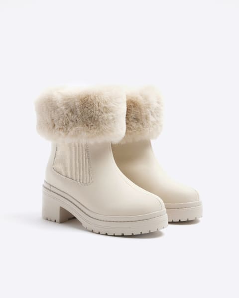 Girls cream faux fur cuff boots