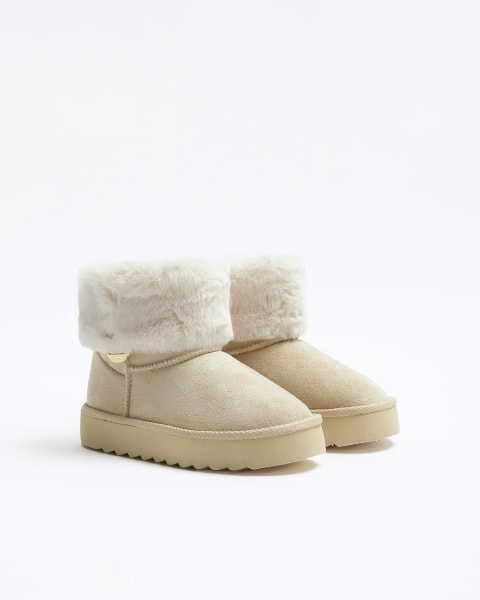 Girls beige Faux Fur Lined Wedge Boots