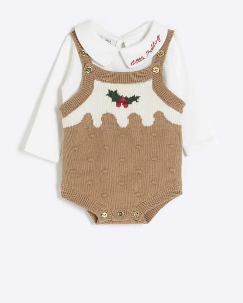 Baby Beige Christmas Pudding Romper Set