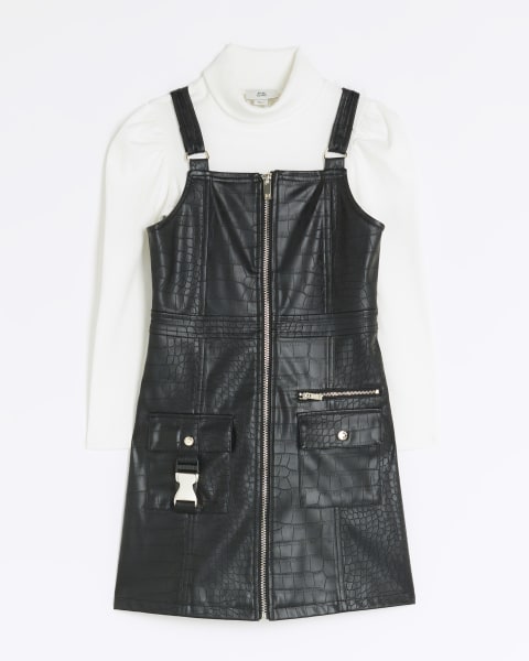 Girls black faux leather pinafore dress
