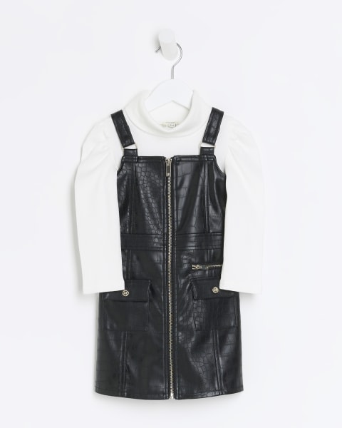 Mini girls black faux leather pinafore dress