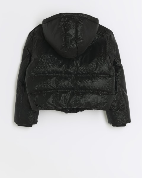 Girls black glitter hooded puffer coat