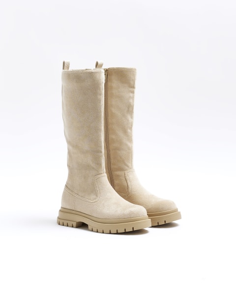 Girls beige suedette calf boots