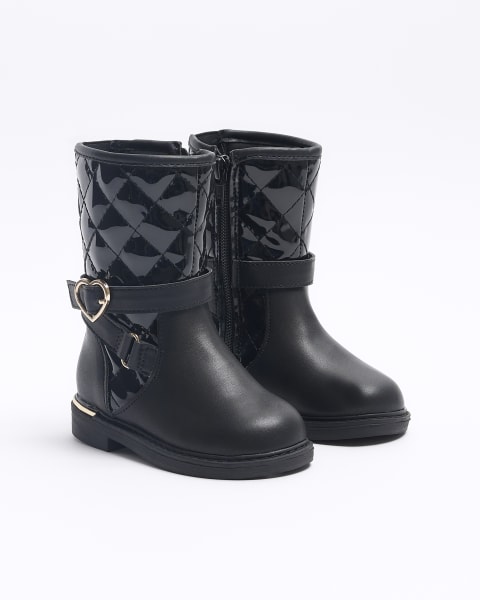 Mini girls black heart buckle knee high boots