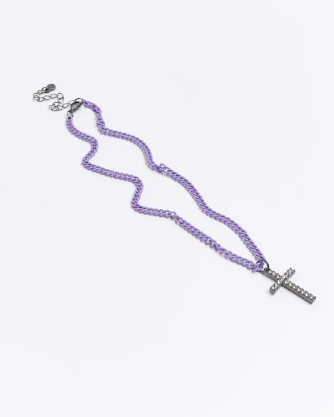 Girls purple diamante cross pendant necklace